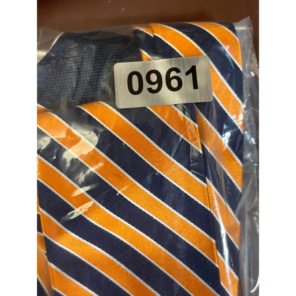 Nautica Mens Silk Necktie Orange Navy Blue White Striped Classic Repp Tie